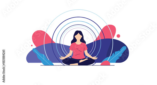 A woman meditates in a peaceful lotus position, surrounded by abstract elements and concentric circles, symbolizing mindfulness and inner calm.