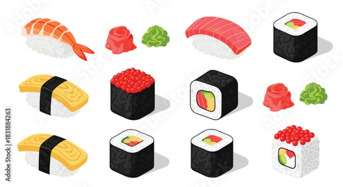 A colorful isometric illustration displaying a variety of Japanese sushi, featuring nigiri, maki rolls, and gunkan, complete with wasabi and pickled ginger.