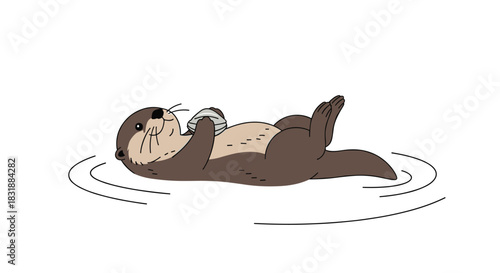 A cute cartoon sea otter floats peacefully on its back in the water, holding a shell on its tummy.