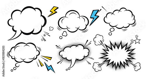 A collection of comic book style speech bubbles, thought clouds, and explosion effects, with lightning bolts and stars on a white background.