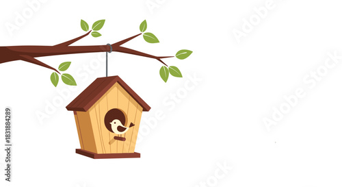 A cute small bird peeks out from its wooden birdhouse hanging from a tree branch with green leaves against a clean white background.