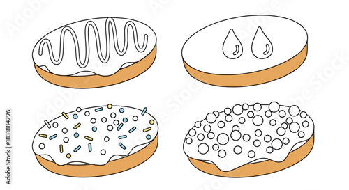 An assortment of four diverse donuts, each featuring white icing and unique toppings like sprinkles, drizzles, and decorative elements.