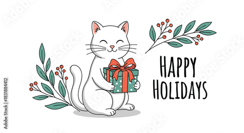 A cheerful white cat holds a polka-dotted Christmas gift box with a red bow, surrounded by festive green branches and red berries, conveying happy holiday greetings.