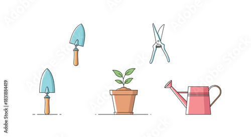 A collection of gardening essentials: watering can, two trowels, pruning shears, and a potted plant, depicted in a clean, minimalist flat design.