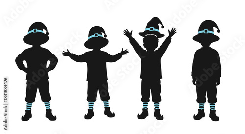 Four silhouettes of children dressed as witches or wizards for Halloween, wearing pointy hats, striped socks, and buckled shoes.