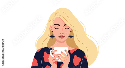 A calm and reflective blonde woman holding a warm cup, illustrating a quiet moment of relaxation and self-care.