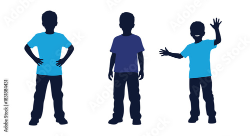 Three young boys in silhouette form, standing and posing in various confident and cheerful stances.