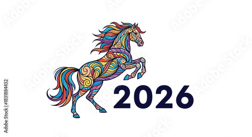 Stylized vibrant horse rearing with intricate patterns and the number 2026, symbolizing the upcoming year or a specific event.