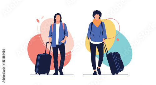 Two young travelers with backpacks and rolling suitcases stand ready for their journey or vacation against a vibrant, abstract background.