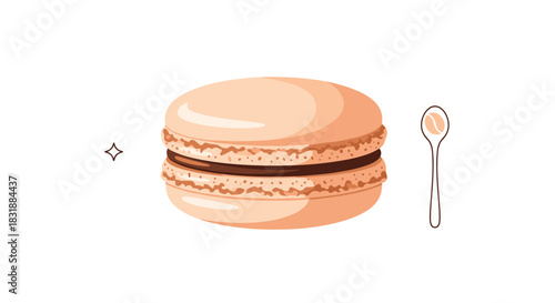 An inviting illustration of a coffee-flavored macaron with chocolate filling, a decorative sparkle, and a spoon holding a coffee bean.