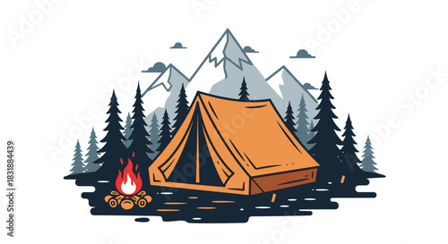 Graphic illustration of a tranquil camping setup with a tent and campfire surrounded by pine trees and majestic mountains.