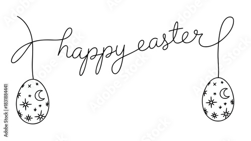 Elegant calligraphy happy easter greeting with celestial decorated eggs hanging