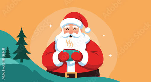 Happy Santa Claus enjoying a steaming cup of hot chocolate in a festive winter wonderland with snowy hills and pine trees.