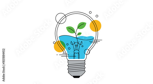 A minimalist illustration shows a light bulb containing water and a green plant, symbolizing eco-friendly energy and sustainable growth.