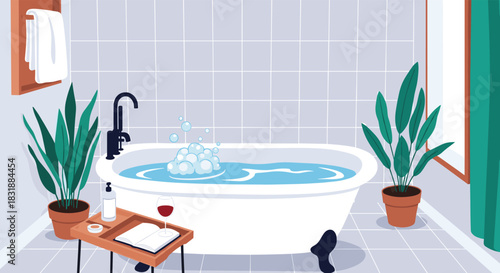 A tranquil bathroom setup with a bubble bath, book, wine, and green plants, perfectly set for a relaxing self-care escape.