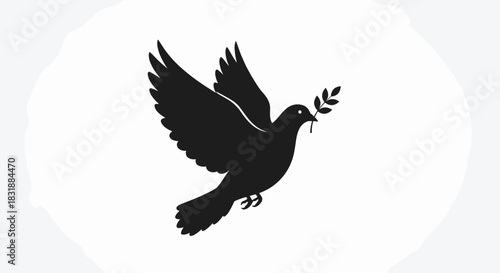 A minimalist black silhouette of a dove flying with an olive branch in its beak, symbolizing peace, hope, and freedom on a white background.