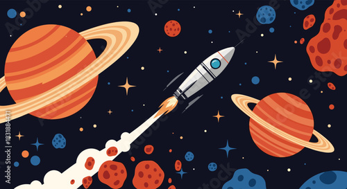A vibrant illustration of a rocket ship launching through a whimsical outer space, featuring ringed planets, colorful asteroids, and twinkling stars.