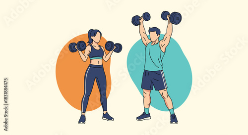 A fit man and woman engage in strength training exercises with dumbbells, symbolizing dedication to health and physical well-being.