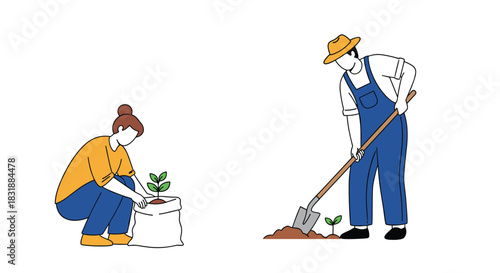 A woman plants a seedling in a container while a man digs the earth with a shovel to plant more, symbolizing agricultural work and growth.