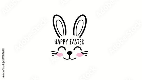 Cute hand drawn bunny face with happy easter text and pink cheeks on a white background perfect for spring holiday greetings and children s designs