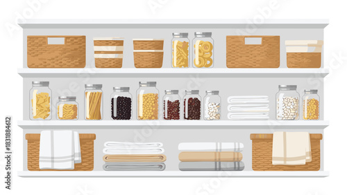 Organized pantry shelves showcase pasta, grains, and beans in glass jars alongside woven baskets and neatly folded towels for home decor