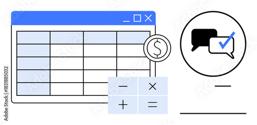 Spreadsheet window integrated with calculator buttons and communication icon with check mark. Ideal for finance, budgeting, collaboration, data management, analysis, teamwork, organization. A simple