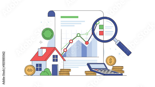 Real estate market analysis showing positive investment growth and financial success for home buyers and sellers with calculator and coins