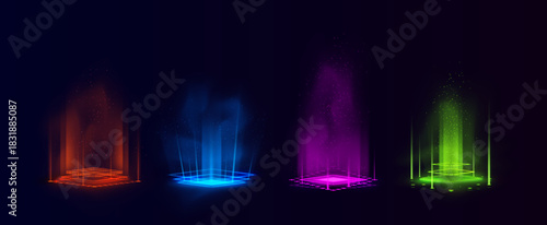 A set of neon glowing multicolored square portals with a magical glow and energy flow.