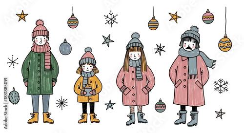 Whimsical family illustration celebrating the winter season with charming characters, cozy attire, snowflakes, and festive baubles