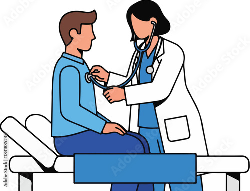 Female doctor examining male patient with stethoscope in clinic.