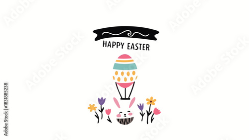 Whimsical happy easter illustration featuring a colorful hot air balloon shaped like an easter egg a cute bunny peeking from a basket and springtime flowers against a clean white background