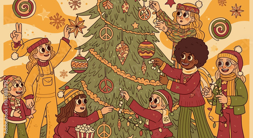 Decorating Christmas Tree with Friends Nostalgic Holiday Illustration