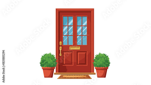 Welcome home to a charming red door with inviting potted plants flanking the entrance, creating a warm and friendly first impression