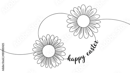 Elegant black and white line art featuring daisies and the words happy easter