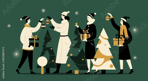 Joyful women gather to decorate Christmas trees and exchange thoughtful presents, capturing the festive spirit of winter holidays in a modern illustration