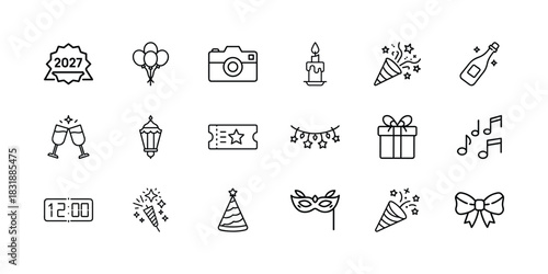 Celebration and party line icons set, including champagne, balloons, gifts, fireworks, camera, and confetti for festive occasions and events. Vector, illustration