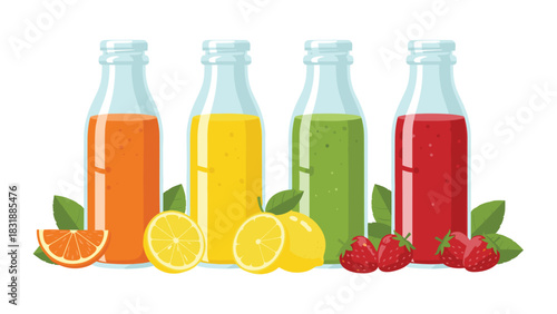 Vibrant assortment of fresh fruit smoothies in glass bottles for healthy lifestyle advertising or promoting natural organic juice cleanse