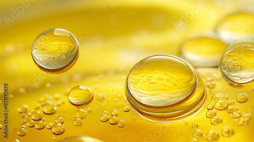 Close up view of several golden yellow liquid drops on a surface with a blurred background