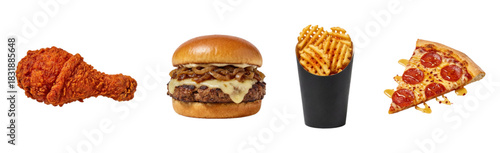 Fried chicken, burger, waffle fries, and pepperoni pizza slice. cutout on transparent background