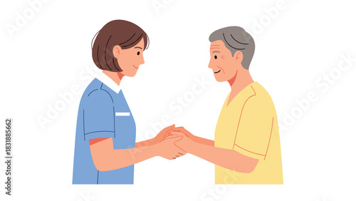 Caring nurse offers comforting hand to senior patient during home visit showing compassion and support for elderly well being and health