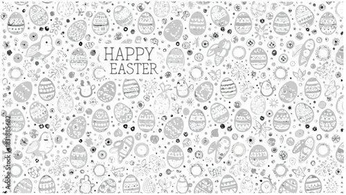 Happy easter greeting card with a whimsical pattern of hand drawn easter eggs chicks bunnies flowers and other festive elements in a monochromatic grayscale design
