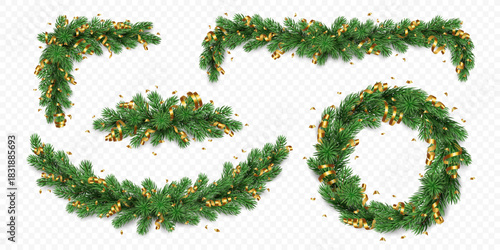 Vector collection of realistic pine tree branches with golden confetti and ribbons isolated on a transparent background. Holiday Christmas tree seamless garland for winter decoration banner, poster, g
