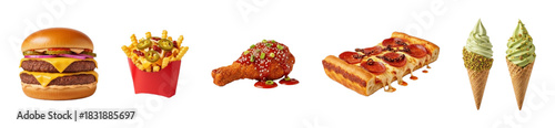 Burger, fries, chicken, pizza, and ice cream treats. cutout on transparent background