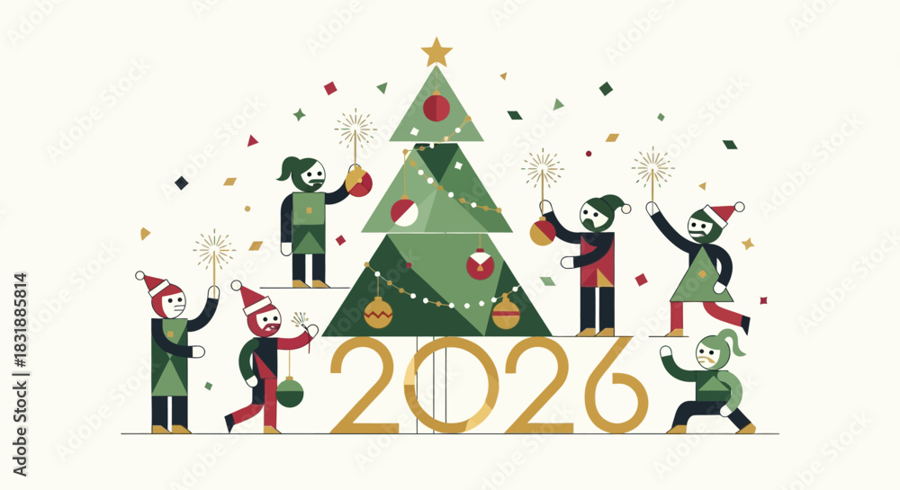 Obraz premium Happy New Year 2026 Festive Celebration with Christmas Tree and Sparkling Fireworks