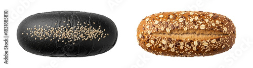 Black sesame charcoal bread next to multigrain bun loaf. cutout on transparent background