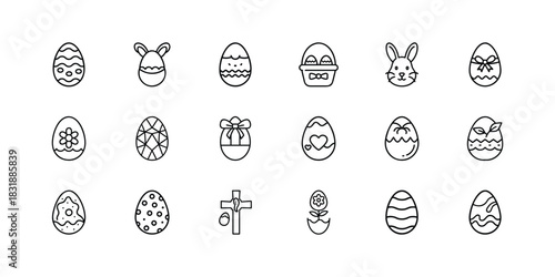 Easter outline icons collection featuring a variety of decorated eggs, charming bunny, festive basket, and religious cross symbol perfect for spring holiday designs. Vector, illustration