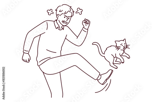Linear sketch of cruel person attacking pet with leg. Coloring page style illustration of animal abuse where angry owner kicks scared cat.