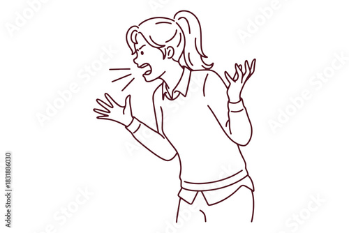 Black and white doodle of aggressive girl yelling. Outline illustration of stressed female character losing temper due to PMS or nervous breakdown.