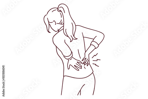 Outline drawing of sick girl feeling pain in lower back. Black and white illustration of female character having health problems or kidney ache.
