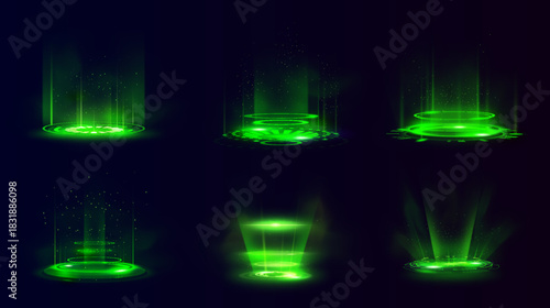 Neon green set of round portals with energy flow lines, magical sparks, and a glow effect.